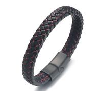 HALUKAKAH ● Assolo ● Uomo Maschile Braccialetto in Vera Pelle Nero Cordone Rosso Titanio Chiusura Magnetica 8.5"(21.5cm) con Pacco Regalo Gratuita