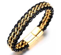 HALUKAKAH Bambini Bracciale Ragazzo Maschio in Vera Pelle Cuoio Nero ● Onora L'Oro ● 6-12 Anni Catena in Titanio Acciaio Argento Chiusura Magnetica 7-8"(18-19.5cm) con Pacco Regalo Gratuita