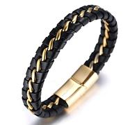 HALUKAKAH Bambini ● Onore Junior ● Bracciale Ragazzo Maschio in Vera Pelle Cuoio Nero 6-12 Anni Catena in Titanio Acciaio Oro Chiusura Magnetica 7"(18cm) con Pacco Regalo Gratuita