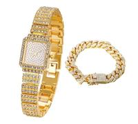 HALUKAKAH Bambini Orologio Diamanti,Placcato Oro Reale 18k,Quadrante Rettangolare Elegante e Casual,Diamanti Pieni Stelle Scintillanti,Orologio Quarzo Cinturino Acciaio Inox,con Catena Cubana 18cm