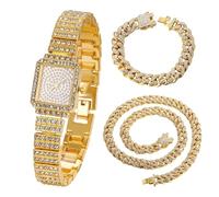 HALUKAKAH Bambini Orologio Diamanti,Placcato Oro Reale 18k,Quadrante Rettangolare Elegante e Casual,Diamanti Pieni Stelle Scintillanti,Orologio Quarzo Cinturino Acciaio Inox,con Catene Cubane 18+40cm