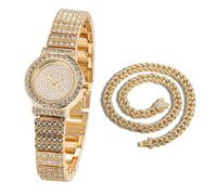 HALUKAKAH Bambini Orologio Diamanti,Placcato Oro Reale 18k,Quadrante Rotondo Elegante e Casual,Diamanti Pieni Stelle Scintillanti,Orologio Quarzo Cinturino Acciaio Inox,con Catena Cubana 40cm