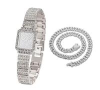 HALUKAKAH Bambini Orologio Diamanti,Placcato Platino,Quadrante Rettangolare Elegante e Casual,Diamanti Pieni Stelle Scintillanti,Orologio Quarzo Cinturino Acciaio Inox,con Catena Cubana 40cm