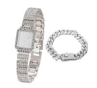 HALUKAKAH Bambini Orologio Diamanti,Placcato Platino,Quadrante Rettangolare Elegante e Casual,Diamanti Pieni Stelle Scintillanti,Orologio Quarzo Cinturino Acciaio Inox,con Catena Cubana 18cm