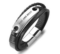 HALUKAKAH Bambini ● You Are Best ● Bracciale Ragazzo Maschio in Vera Pelle Cuoio Nero 6-12 Anni Titanio Acciaio Chiusura Magnetica in Argento 7"(18cm) con Pacco Regalo Gratuita