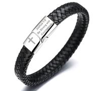 HALUKAKAH Bracciale in Pelle da Uomo Faithful Strength - 21,5cm Pelle Nera Classica con Chiusura Magnetica in Acciaio Titanio,Joshua 1:9 Be Strong and Courageous Incisi e Croce.Regalo Religioso