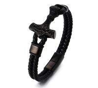 HALUKAKAH Bracciale Martello di Thor Vichingo per Bambini Ragazzi - 18,5cm Vera Pelle Nera - Acciaio di Titanio Medico Ipoallergenico & Placcato Rodio - Chiusura Magnetica - Gioiello Nordico Cool