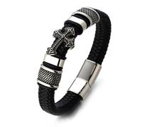 HALUKAKAH Bracciale Prima Comunione Bambini - Croce con Freccia Brillante - 18,5cm Acciaio di Titanio Ipoallergenico - Vera Pelle Nera - Regalo Religioso per Ragazzi Ragazze Adolescenti