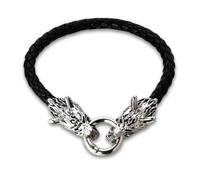 HALUKAKAH Bracciale Vichingo per Adolescenti - Martello di Thor e Lupi in Titanio Sicuro & 19cm Pelle Nera Intrecciata - Regalo Nordico Ipoallergenico - Tono Argento Antico - Gioiello Fantasy Scuro