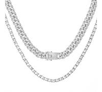 HALUKAKAH Catena Oro Iced out per Uomo Link Cubano Miami Catena da Tennis Collane Set Platino Oro Bianco Placcato 45+50cm, Set Completo di Griffe Taglio a Diamante Cz, Regalo per Lui