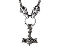 HALUKAKAH Collana Martello di Thor Vichingo per Uomo - Tono Argento Antico 60cm con Teste di Lupo 3D - Acciaio Al Titanio Ipoallergenico - Gioiello di Mitologia Norrena - Regalo per Uomo
