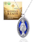 HALUKAKAH Collana Medaglia Miracolosa in Argento Design Italiano con Catena 45cm - Pendente Extra Large 4cm,Argento Ossidato con Accento in Smalto Blu - Gioielli Cattolici,Regalo per Amici Famiglia