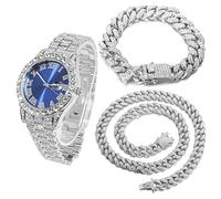 HALUKAKAH Diamanti Orologio Oro, Uomo Placcato Oro Bianco Platino 42MM Largo Blu Componi Quarzo Cinturino 24cm con Link Cubano Catena 20+45cm Collana Bracciale Set, con Scatola Regalo