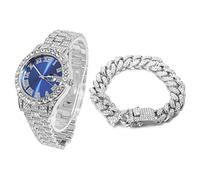 HALUKAKAH Diamanti Orologio Oro, Uomo Placcato Oro Bianco Platino 42MM Largo Blu Componi Quarzo Cinturino 24cm con Link Cubano Catena 20cm Bracciale Set, con Scatola Regalo