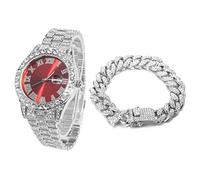 HALUKAKAH Diamanti Orologio Oro, Uomo Placcato Oro Bianco Platino 42MM Largo Rosso Componi Quarzo Cinturino 24cm con Link Cubano Catena 20cm Bracciale Set,con Scatola Regalo