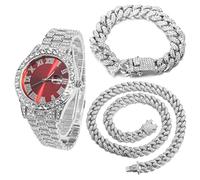 HALUKAKAH Diamanti Orologio Oro, Uomo Placcato Oro Bianco Platino 42MM Largo Rosso Componi Quarzo Cinturino 24cm con Link Cubano Catena 20+45cm Collana Bracciale Set, con Scatola Regalo