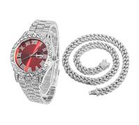 HALUKAKAH Diamanti Orologio Oro, Uomo Placcato Oro Bianco Platino 42MM Largo Rosso Componi Quarzo Cinturino 24cm con Link Cubano Catena 45cm Collana Set, con Scatola Regalo