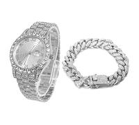 HALUKAKAH Diamanti Orologio Oro, Uomo Placcato Oro Bianco Platino 42MM Largo Tondo Componi Quarzo Cinturino 24cm con Link Cubano Catena 20cm Bracciale Set, con Scatola Regalo
