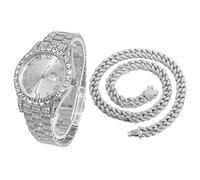 HALUKAKAH Diamanti Orologio Oro, Uomo Placcato Oro Bianco Platino 42MM Largo Tondo Componi Quarzo Cinturino 24cm con Link Cubano Catena 45cm Collana Set, con Scatola Regalo