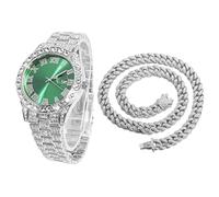HALUKAKAH Diamanti Orologio Oro, Uomo Placcato Oro Bianco Platino 42MM Largo Verde Componi Quarzo Cinturino 24cm con Link Cubano Catena 45cm Collana Set, con Scatola Regalo