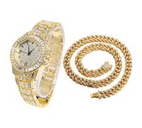 HALUKAKAH Diamanti Orologio Oro, Uomo Placcato Oro Reale 18K 38MM Largo Tondo Componi Quarzo Cinturino 22cm con Link Cubano Catena 45cm Collana Set, con Scatola Regalo