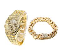 HALUKAKAH Diamanti Orologio Oro, Uomo Placcato Oro Reale 18K 40MM Largo Numeri Romani Componi Quarzo Cinturino 22cm con Link Cubano Catena 20cm Bracciale Set, con Scatola Regalo