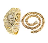 HALUKAKAH Diamanti Orologio Oro, Uomo Placcato Oro Reale 18K 40MM Largo Numeri Romani Componi Quarzo Cinturino 22cm con Link Cubano Catena 45cm Collana Set, con Scatola Regalo
