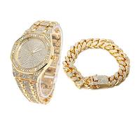 HALUKAKAH Diamanti Orologio Oro, Uomo Placcato Oro Reale 18K 40MM Largo Ottagonale Tondo Componi Quarzo Cinturino 22cm con Link Cubano Catena 20cm Bracciale Set, con Scatola Regalo