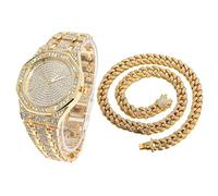 HALUKAKAH Diamanti Orologio Oro, Uomo Placcato Oro Reale 18K 40MM Largo Ottagonale Tondo Componi Quarzo Cinturino 22cm con Link Cubano Catena 45cm Collana Set, con Scatola Regalo