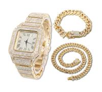 HALUKAKAH Diamanti Orologio Oro, Uomo Placcato Oro Reale 18K 40MM Largo Quadrato Componi Quarzo Cinturino 24cm con Link Cubano Catena 20+45cm Collana Bracciale Set, con Scatola Regalo