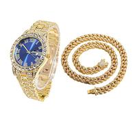 HALUKAKAH Diamanti Orologio Oro, Uomo Placcato Oro Reale 18K 42MM Largo Blu Componi Quarzo Cinturino 24cm con Link Cubano Catena 45cm Collana Set, con Scatola Regalo