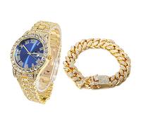 HALUKAKAH Diamanti Orologio Oro, Uomo Placcato Oro Reale 18K 42MM Largo Blu Componi Quarzo Cinturino 24cm con Link Cubano Catena 20cm Bracciale Set, con Scatola Regalo