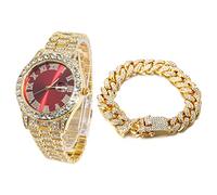 HALUKAKAH Diamanti Orologio Oro, Uomo Placcato Oro Reale 18K 42MM Largo Rosso Componi Quarzo Cinturino 24cm con Link Cubano Catena 20cm Bracciale Set, con Scatola Regalo