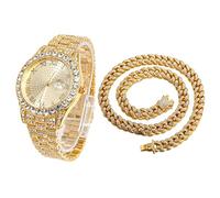 HALUKAKAH Diamanti Orologio Oro, Uomo Placcato Oro Reale 18K 42MM Largo Tondo Componi Quarzo Cinturino 24cm con Link Cubano Catena 45cm Collana Set, con Scatola Regalo