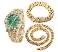 HALUKAKAH Diamanti Orologio Oro, Uomo Placcato Oro Reale 18K 42MM Largo Verde Componi Quarzo Cinturino 24cm con Link Cubano Catena 20+45cm Collana Bracciale Set, con Scatola Regalo