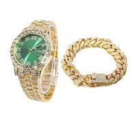 HALUKAKAH Diamanti Orologio Oro, Uomo Placcato Oro Reale 18K 42MM Largo Verde Componi Quarzo Cinturino 24cm con Link Cubano Catena 20cm Bracciale Set, con Scatola Regalo