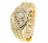 HALUKAKAH Diamanti Orologio Oro, Uomo Placcato Oro Reale 18K/Oro Bianco Platino 40MM Largo Numeri Romani Componi Quarzo Cinturino 22cm con Link Cubano Catena 20+45cm Collana Bracciale, con Scatola
