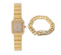 HALUKAKAH Donne Orologio Diamanti,Placcato Oro Reale 18k,Diamanti Pieni Stelle Scintillanti,Quadrante Rettangolare,Casuale e Elegante,Orologio Quarzo Cinturino Acciaio Inox,con Catena Cubana 18cm
