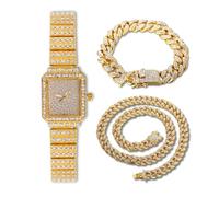 HALUKAKAH Donne Orologio Diamanti,Placcato Oro Reale 18k,Diamanti Pieni Stelle Scintillanti,Quadrante Rettangolare,Casuale e Elegante,Orologio Quarzo Cinturino Acciaio Inox,con Catene Cubane 18+40cm