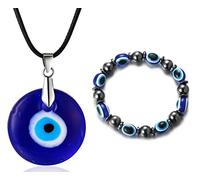 HALUKAKAH Malocchio Collana Bracciale Set per Uomini Donne,Zaffiro Resina Occhio Blu Ciondolo Corda di Cera Ematite Magnetico Perline di Pietra Protezione Mal de Ojo Gioielli con Confezione Regalo
