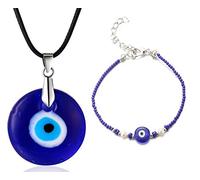 HALUKAKAH Malocchio Collana Bracciale Set per Uomini Donne,Zaffiro Resina Occhio Blu Ciondolo Corda di Cera Treccia Blu Perline di Pietra Protezione Mal de Ojo Gioielli con Confezione Regalo