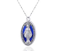 HALUKAKAH Medaglia Miracolosa in Argento Design Italiano - Pendente Extra Large 4cm,Argento Ossidato con Accento in Smalto Blu,con/senza Catena Opzione 45cm - Gioielli Cattolici,per Amici Famiglia