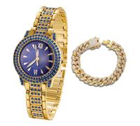 HALUKAKAH Orologio con Diamanti Blu per Ragazzi,Bambini - Placcato in Oro 18 Carati,Quadrante Rotondo Blu da 32mm,Quarzo Giapponese - Lunghezza 19.5cm - Include Catena Cubana 18cm - per Compleanni