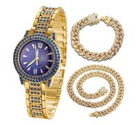 HALUKAKAH Orologio con Diamanti Blu per Ragazzi,Bambini - Placcato in Oro 18 Carati,Quadrante Rotondo Blu da 32mm,Quarzo Giapponese - Lunghezza 19.5cm - Include Catene Cubane 18+40cm - per Compleanni