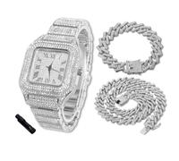 Halukakah Orologio con diamanti ghiacciati per ragazzi - placcato oro 18 carati / platino - quadrante quadrato 40 mm - lunghezza 20,3 cm - opzionale con catena a maglia cubana, con strumento di