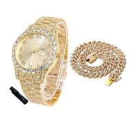 Halukakah Orologio con diamanti ghiacciati per ragazzi - placcato oro 18 carati / platino - quadrante rotondo 42 mm - lunghezza 20,3 cm - opzionale con catena a maglia cubana, con strumento di