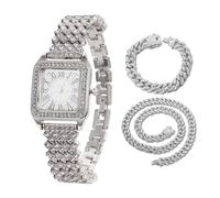 HALUKAKAH Orologio con Diamanti Iced Out per Ragazzi,Bambini - Placcato in Platino,Quadrante Quadrato con Numeri Romani,Quarzo Giapponese - Lunghezza 19,5cm - Viene Fornito con Catene Cubana 18+40cm