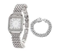 HALUKAKAH Orologio con Diamanti Iced Out per Ragazzi,Bambini - Placcato in Platino,Quadrante Quadrato con Numeri Romani,Quarzo Giapponese - Lunghezza 19,5cm - Viene Fornito con Catena Cubana 18cm