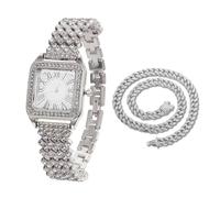 HALUKAKAH Orologio con Diamanti Iced Out per Ragazzi,Bambini - Placcato in Platino,Quadrante Quadrato con Numeri Romani,Quarzo Giapponese - Lunghezza 19,5cm - Viene Fornito con Catena Cubana 40cm
