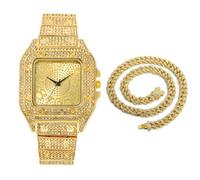 HALUKAKAH Orologio con Diamanti Iced Out,Uomo Placcato in Oro 18 Carati Quadrante con Numeri Arabi Quarzo Cinturino 22cm,con Catena Cubana Collana 45cm,Viene Fornito con Scatola Regalo